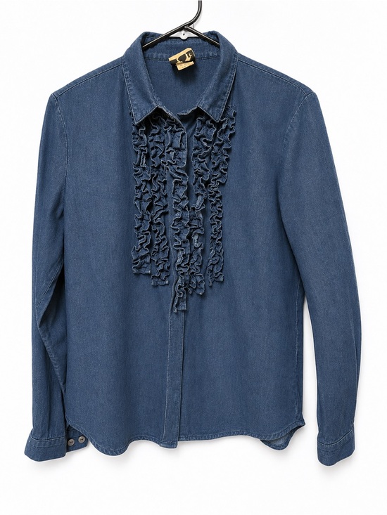 landing co Tops - Denim Ruffle Button-Down Shirt - Blue